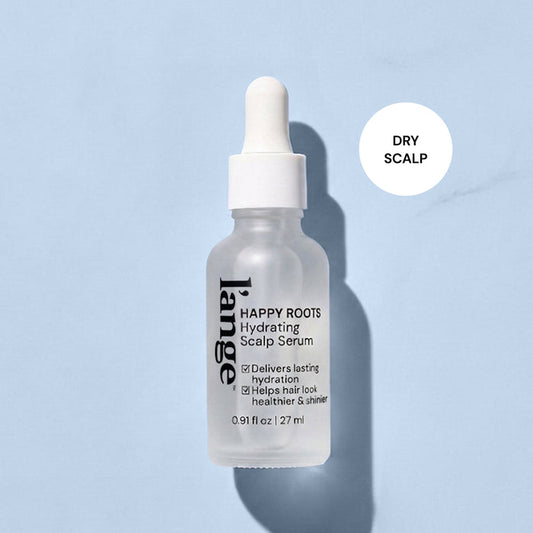 L'ange Happy Roots Hydrating Scalp Serum bottle with "Dry Scalp" badge on light blue background
