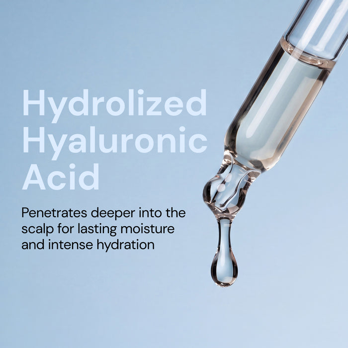 Dropper releasing a drop of serum, with text "Hydrolized Hyaluronic Acid: Penetrates deeper into the scalp for lasting moisture and intense hydration"
