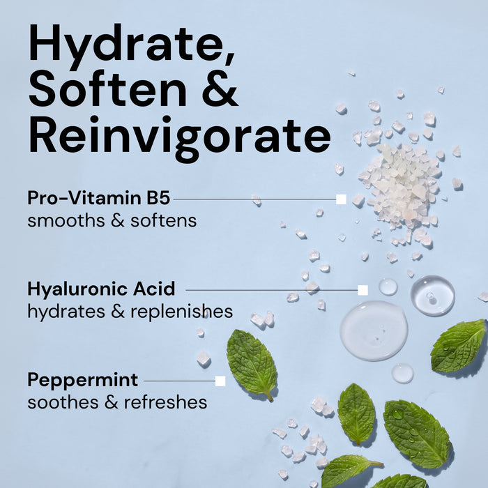 Hydrate, Soften & Reinvigorate" text with key ingredients "Pro-Vitamin B5-smooths & softens", "Hyaluronic Acid-hydrates & replenishes", and "Peppermint-soothes & releases"