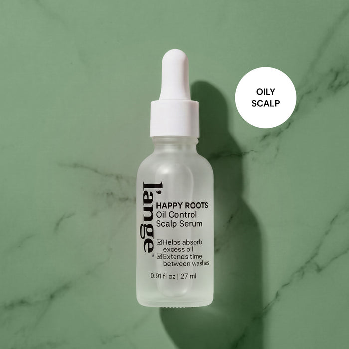 L'ange Happy Roots Oil Control Serum bottle with "Oily Scalp" badge on green background