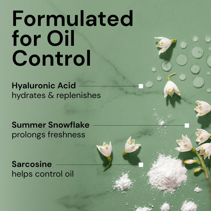 "Formulated for Oil Control" text with key ingredients "Hyaluronic Acid-hydrates & replenishes", "Summer Snowflake-prolongs freshness", and "Sarcosine-helps control oil"