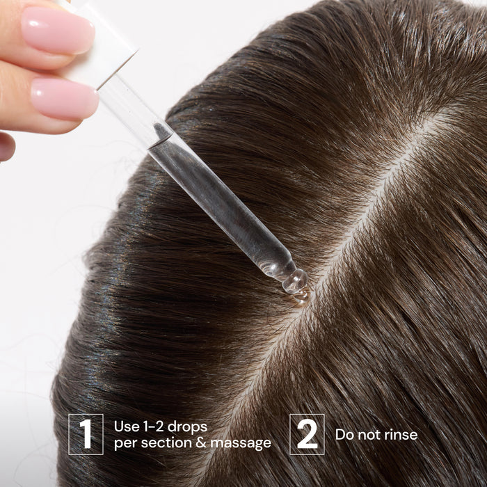 Dropper applying Oil Control Scalp Serum to scalp part with usage steps "Use 1-2 drops per section & massage" and "Do not rinse"