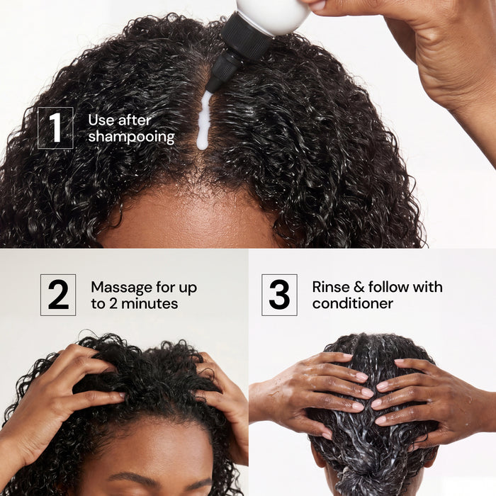 Three-step usage guide: "use after shampooing", "massage for up to 2 minutes" and "rinse & follow with conditioner"
