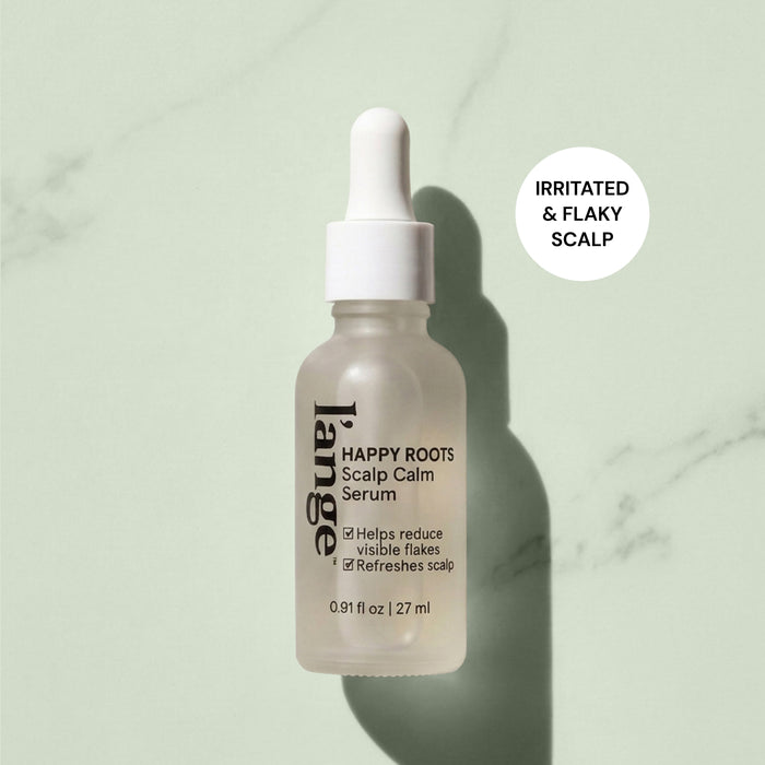 L'ange Happy Roots Scalp Calm Serum bottle with "Irritated & Flaky Scalp" badge on green background