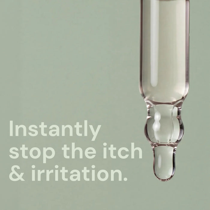 Dropper releasing a drop of serum, with text "Instantly stop the itch & irritation"