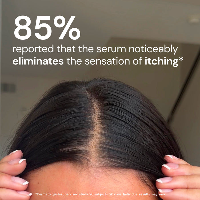 Close-up of scalp part with text "85% reported that the serum noticeably eliminates the sensation of itching*"

*Dermatologist-supervised study, 26 subjects, 28 days. individual results may vary
