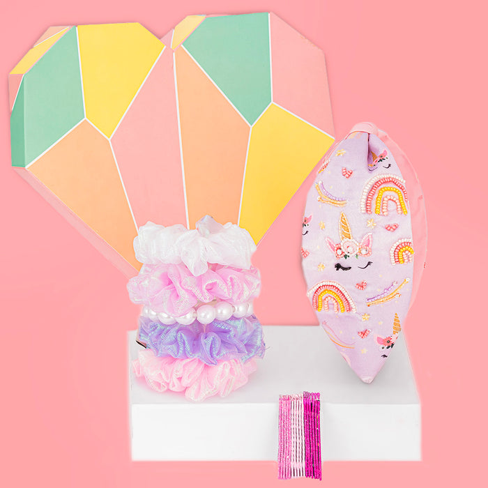 Lilac Unicorn Gift Box with 1 Knotted Hair Band, 5 Holographic Scrunchies & 24 Hair Pins