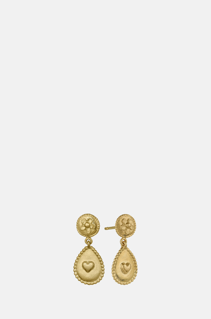Alex Monroe Love of Nature Heart & Flower Drop earrings gold.
