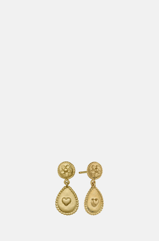 Alex Monroe Love of Nature Heart & Flower Drop earrings gold.
