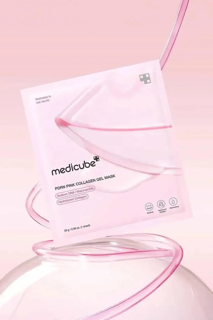Medicube PDRN Pink Collagen Gel Mask package, formulated with salmon dna (Sodium DNA) and hydrolyzed collagen for elasticity.