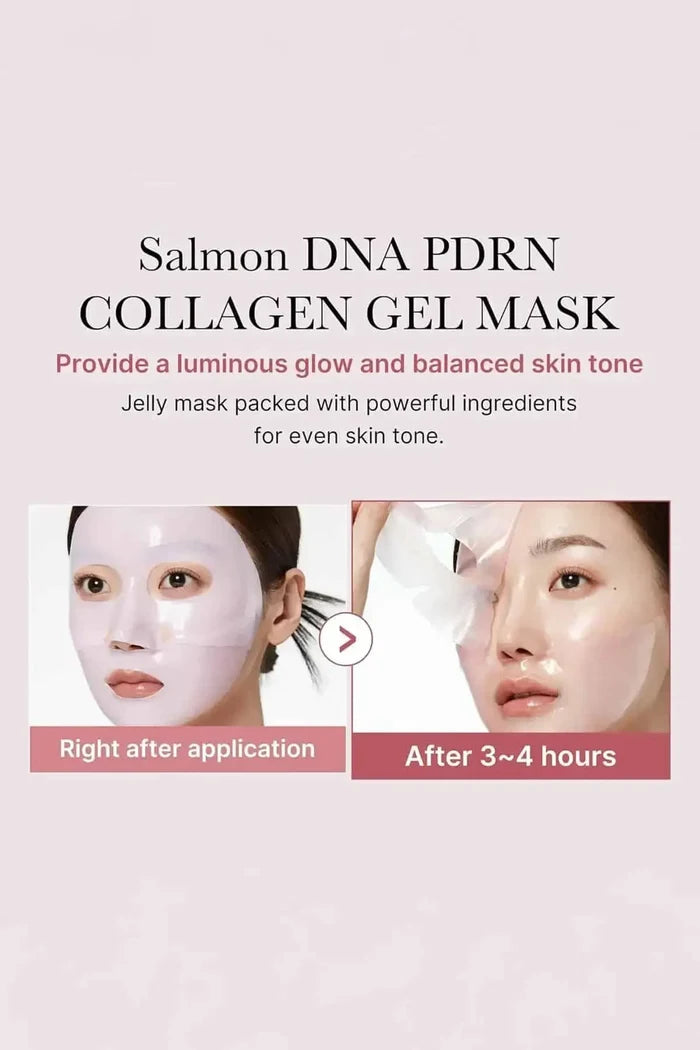 Comparison showing the mask turning transparent after 3-4 hours, delivering salmon dna benefits for balanced skin tone.