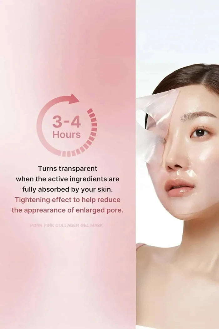 Close-up of the Medicube mask turning transparent on the skin, indicating full absorption of active ingredients and pore tightening.