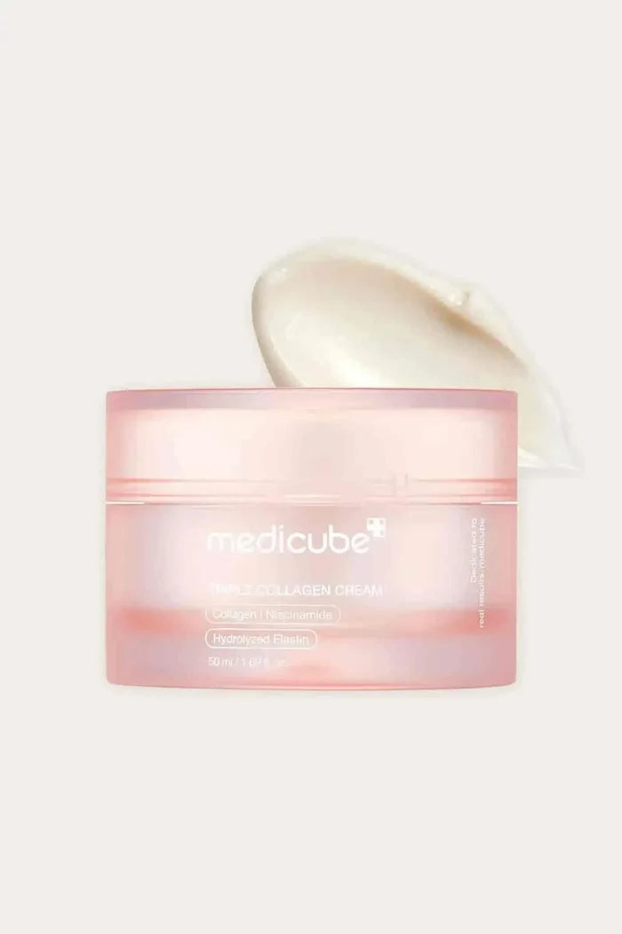 Medicube Triple Deep Collagen Cream jar showing the rich texture of this PLUMP CREAM, designed to hydrate and firm.