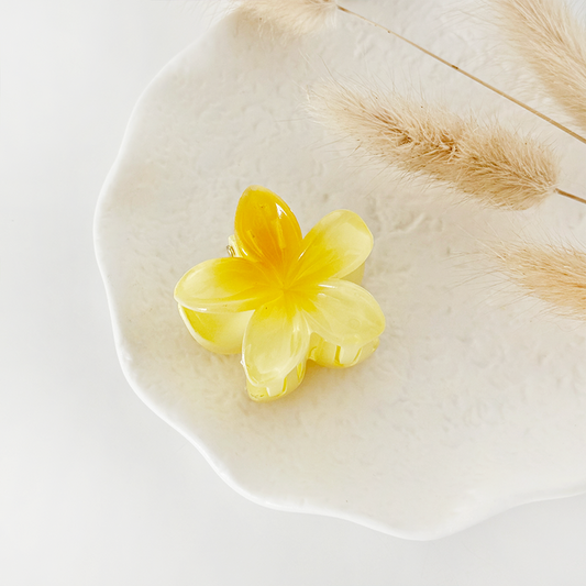 Butter yellow mini tropical flower claw clip on a white plate with beige dried grasses nearby.