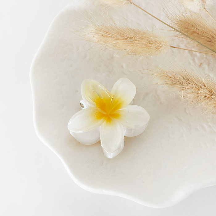 White tropical flower claw clip on a ceramic plate with dried grass.