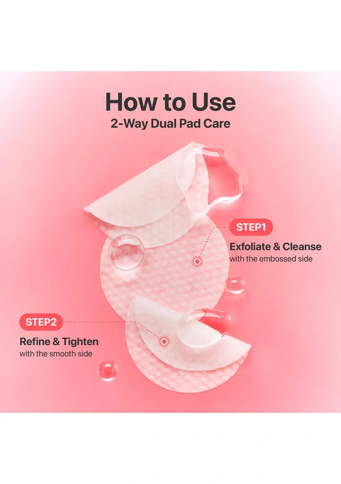 Two skincare pads with instructions on how to use them on a pink background