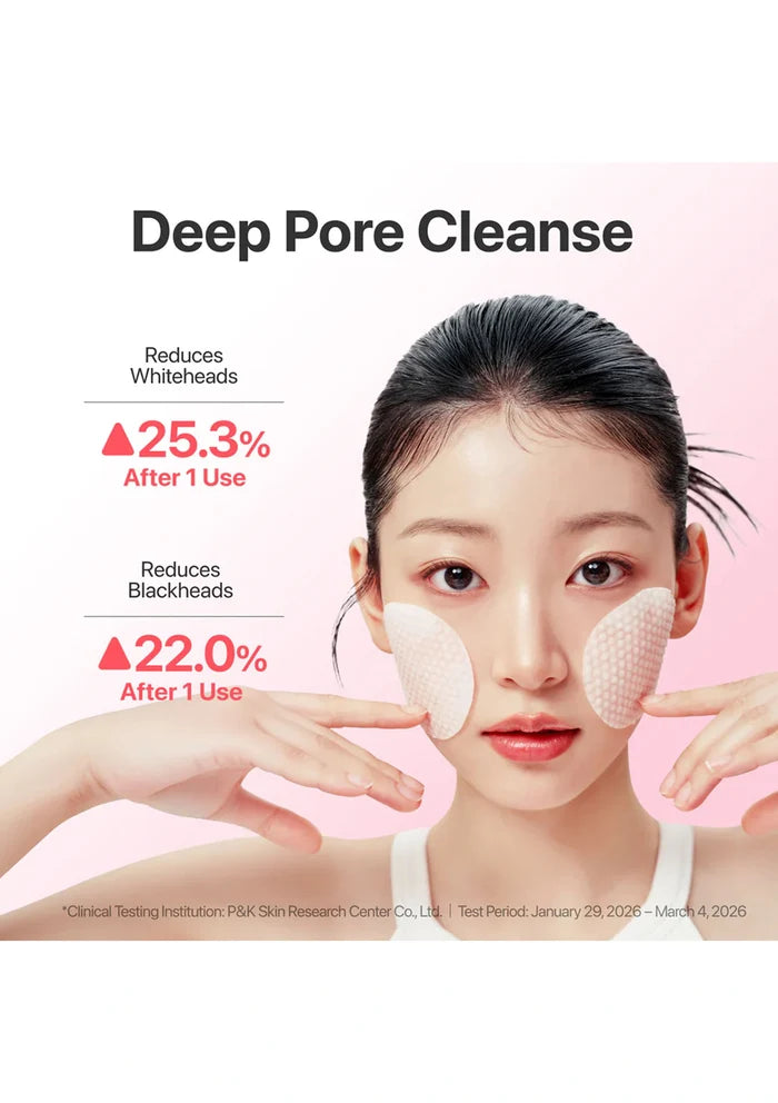 Woman using deep pore cleansing pads with text on a pink background