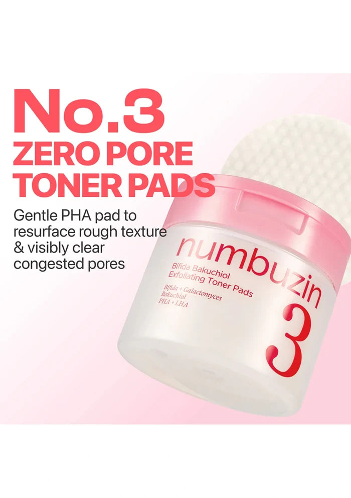 Numbuzin No.3 Zero Pore Toner Pads packaging on a pink background