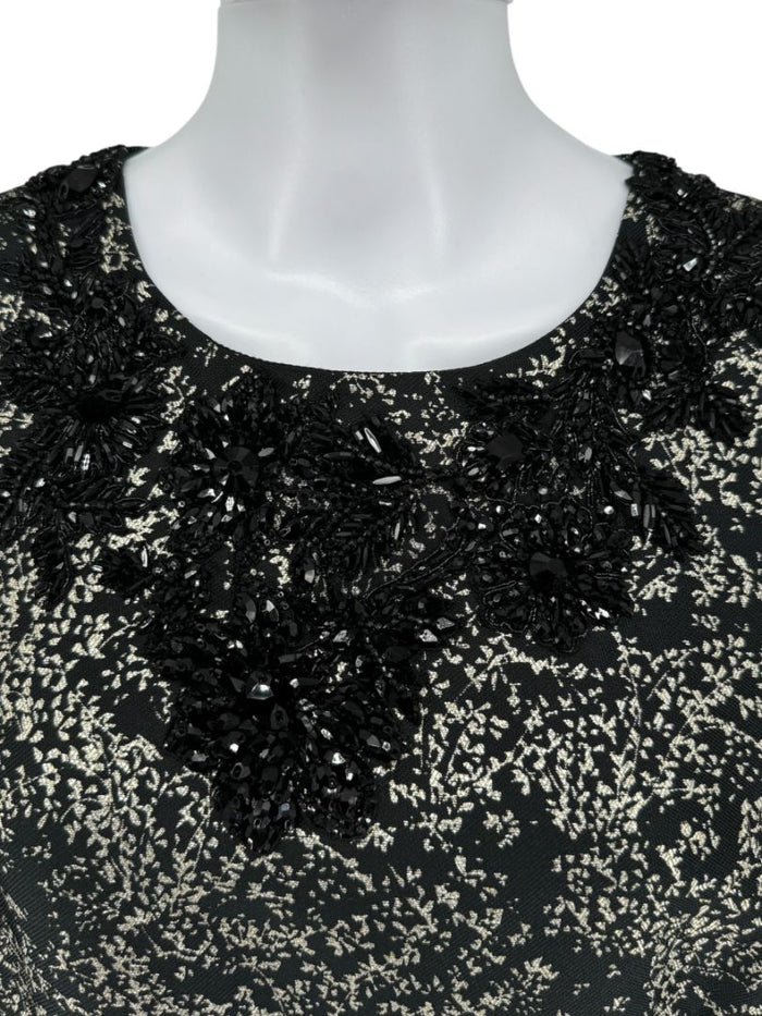 Pamella Roland Metallic Jacquard Sleeveless Dress with Beaded Neckline