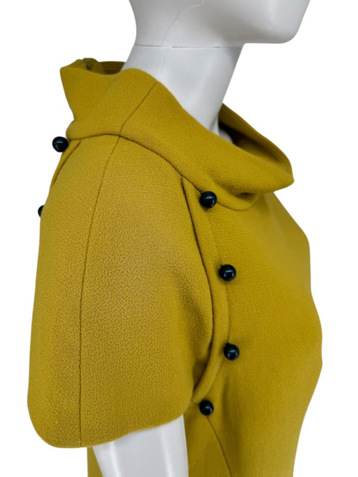 Pamella Roland Mustard Textured Crepe Mini Dress with Pearl Detail