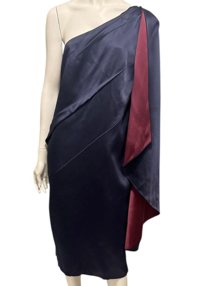 Pamella Roland Navy One-Shoulder Draped Cocktail Dress – Fits Like L