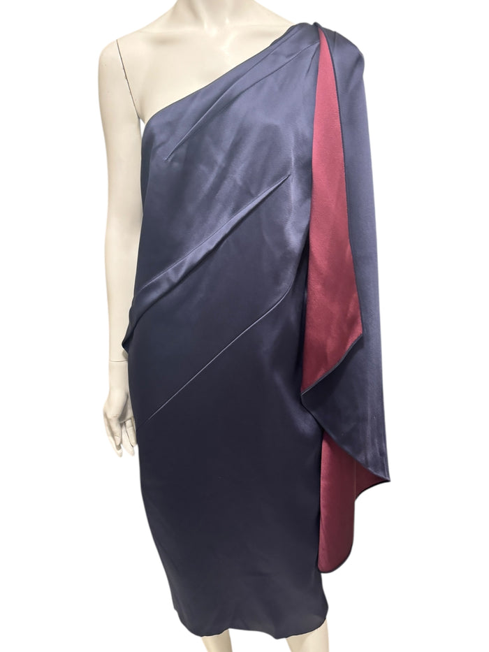 Pamella Roland Navy One-Shoulder Draped Cocktail Dress – Fits Like L