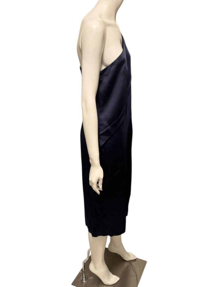 Pamella Roland Navy One-Shoulder Draped Cocktail Dress – Fits Like L