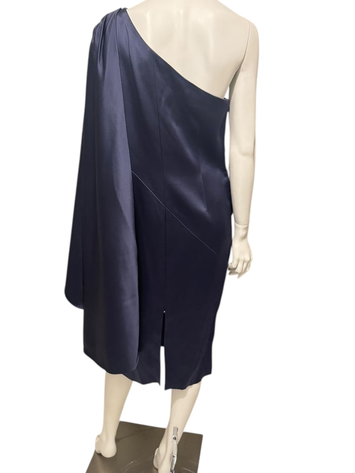 Pamella Roland Navy One-Shoulder Draped Cocktail Dress – Fits Like L