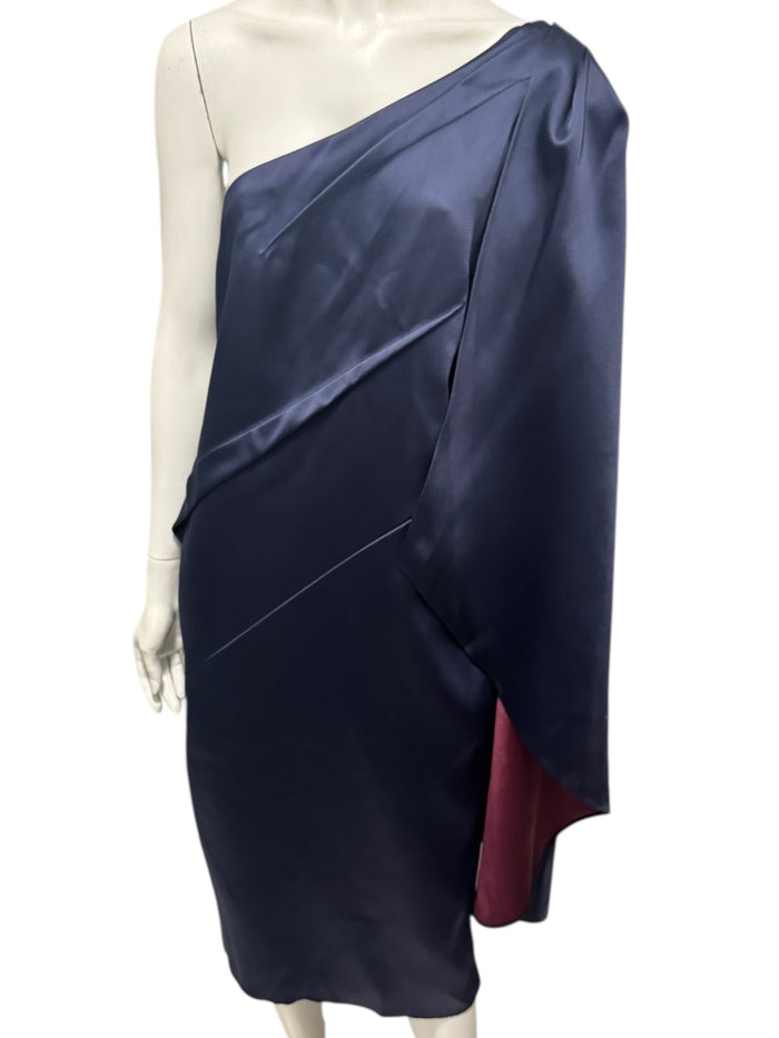 Pamella Roland Navy One-Shoulder Draped Cocktail Dress – Fits Like L