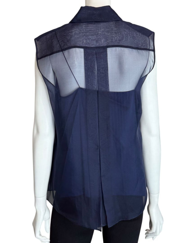 Pamella Roland Navy Organza Sleeveless Blouse with Jewel Buttons - Large