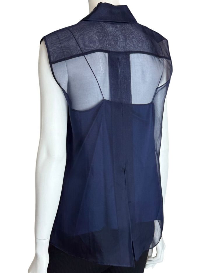 Pamella Roland Navy Organza Sleeveless Blouse with Jewel Buttons - Large