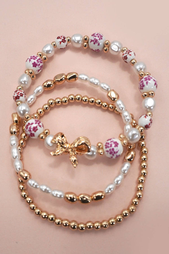 PINK CERAMIC PORCELAIN BOW MULTI LAYER BRACELET