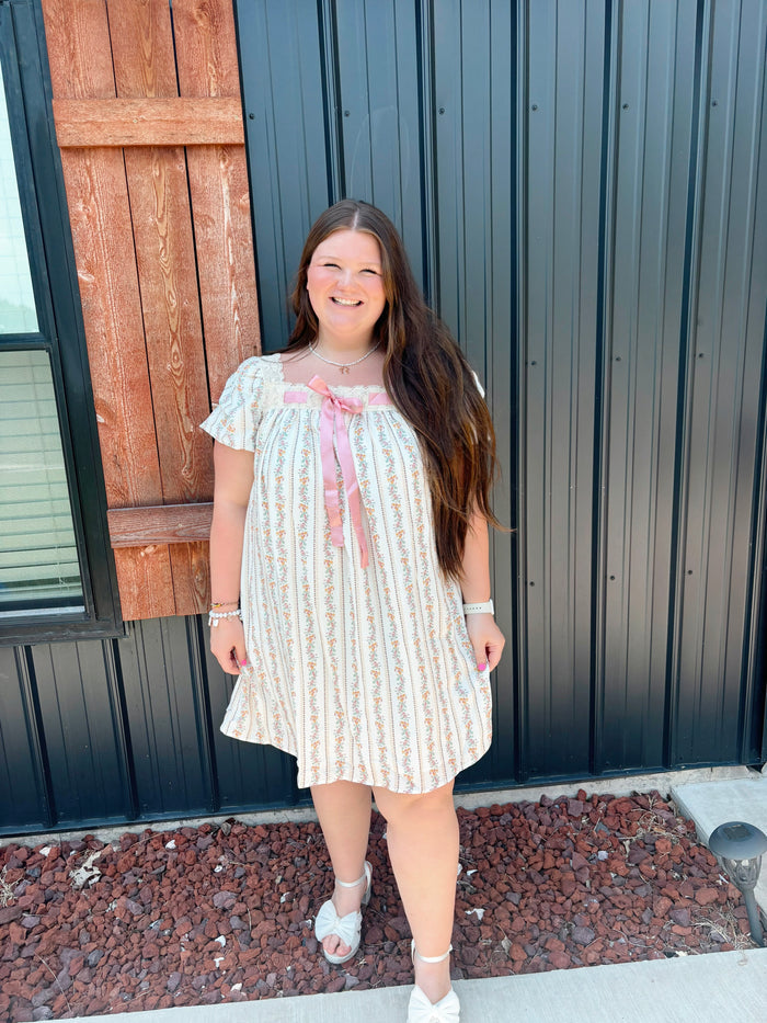 PRETTY BASH Floral Contrast Ribbon Square Mini Dress