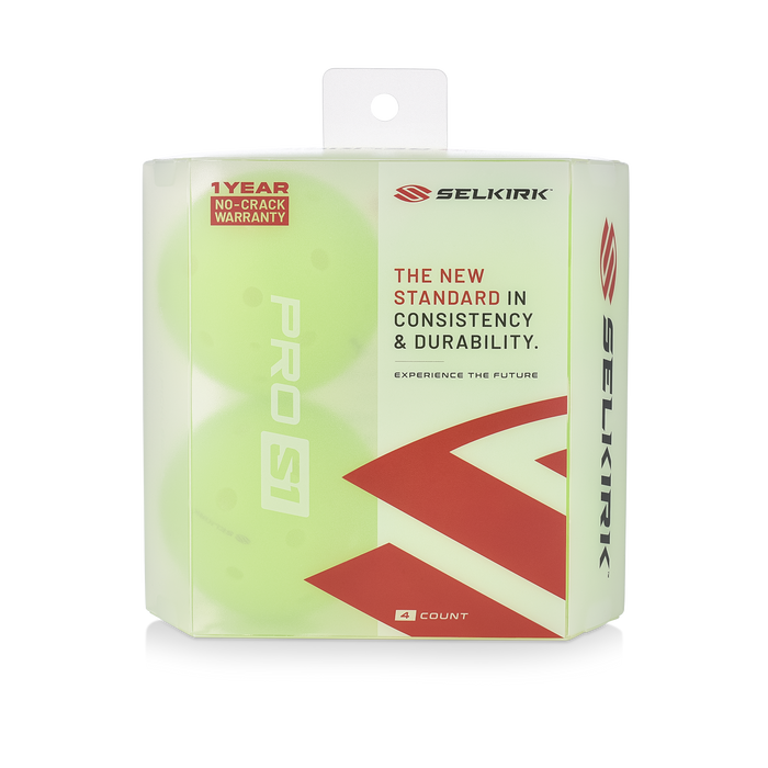 Front view of Selkirk Pro S1 4-pack pickleballs showing bright yellow balls in clear packaging with 1 Year No-Crack warranty