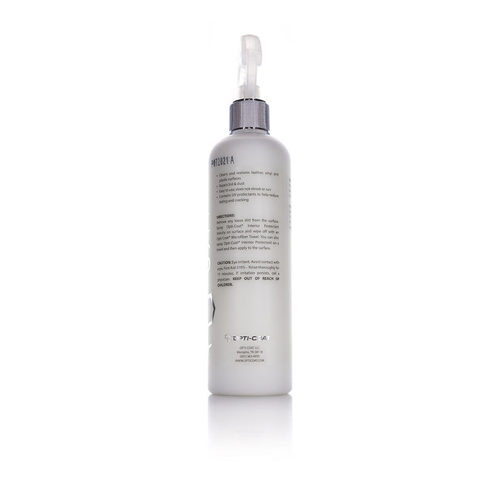 The back of a spray bottle of Opti-Coat Protectant Plus on a white background.