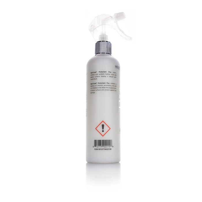 The back of a spray bottle of Opti-Coat Protectant Plus on a white background.