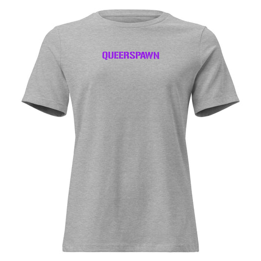 Gray t-shirt with "queerspawn" on a white background