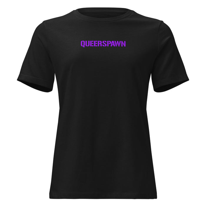 Black  t-shirt with "queerspawn" on a white background