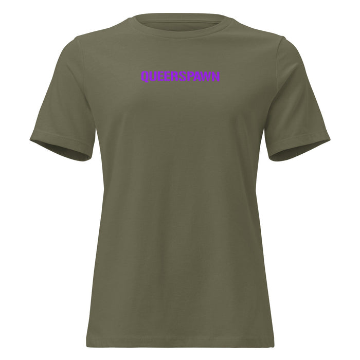 Military green  t-shirt with "queerspawn" on a white background