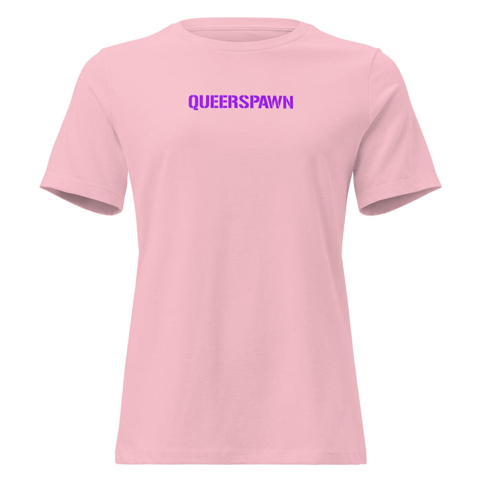 A light pink short-sleeve crewneck t-shirt with the word 'QUEERSPAWN' printed in purple across the chest, shown on a plain white background.
