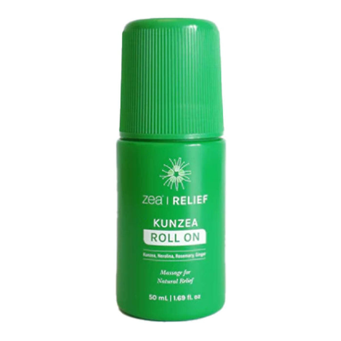 Front of bottle of kunzea roll on liniment for back and neck pain.