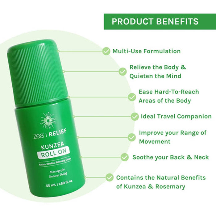 Kunzea roll on benefits infographic. Relieve the body & quieten the mind. Improve range of motion.