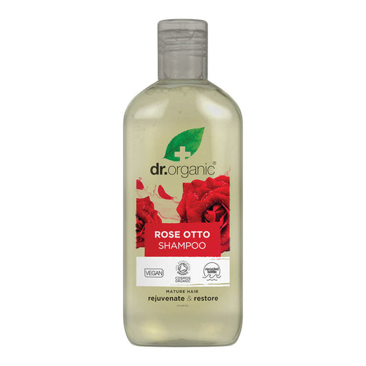 265ml bottle Dr. Organic Rose Otto Shampoo, a nourishing formula that revitalises the hair, leaving it soft, healthy, and full of volume.