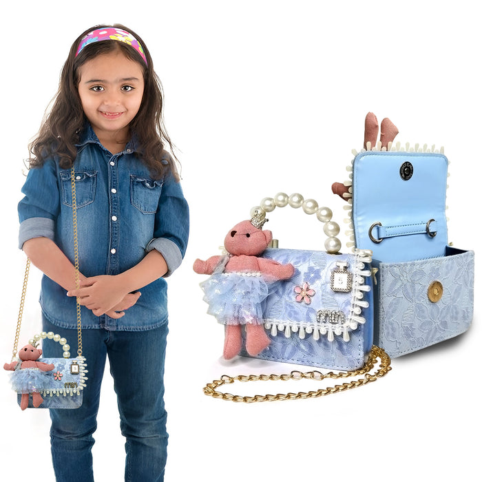 SANAS Blue Netted Teddy Sling Bag for girls