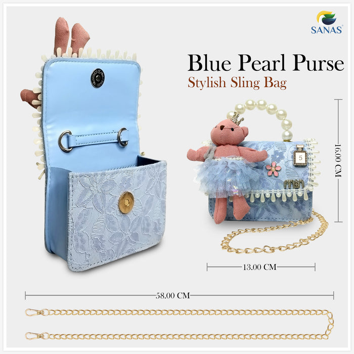 Blue Netted Teddy Sling Bag with pearl embellishments