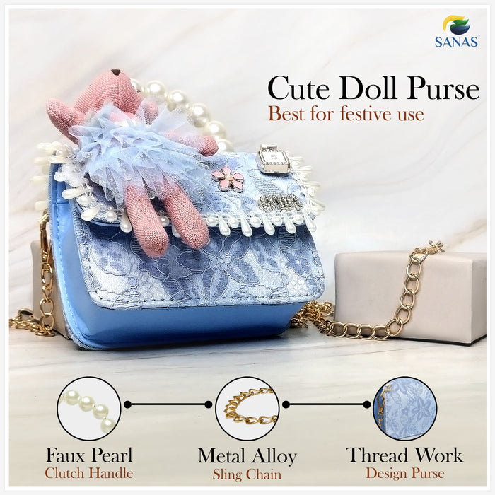 Cute blue mini sling bag with teddy design