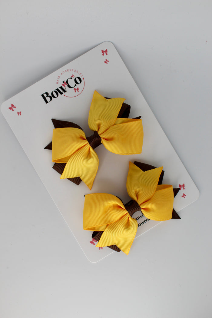 School Bow Brown and Yellow Gold - Layer Tail Bow Set - Clip