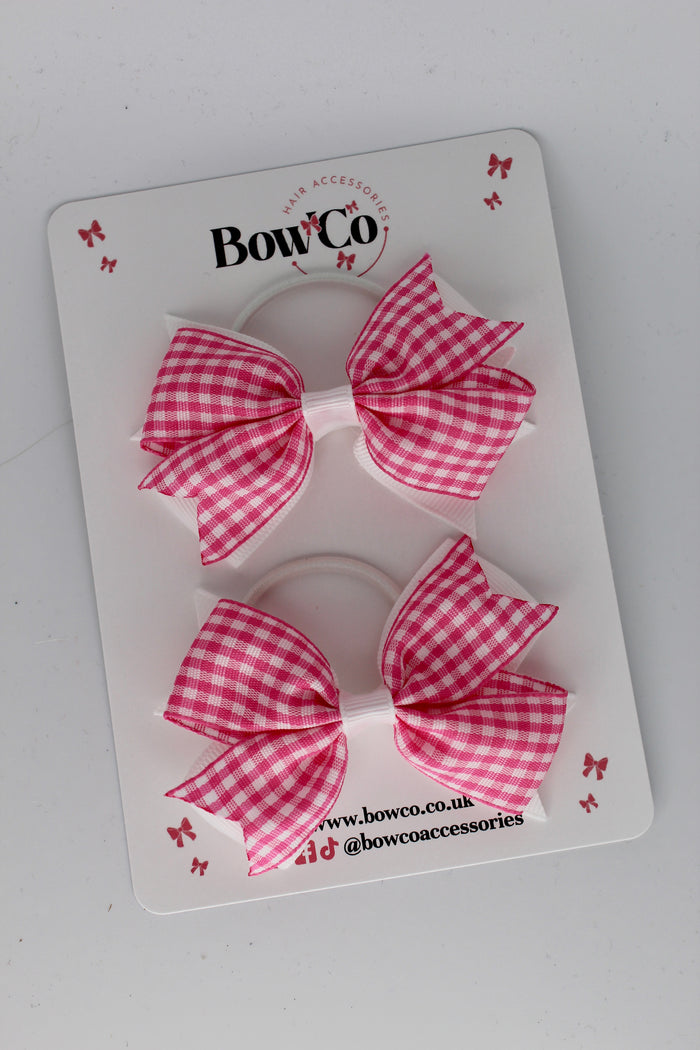 School Bow Pink Gingham Layer Tail Bow Set - Elastic
