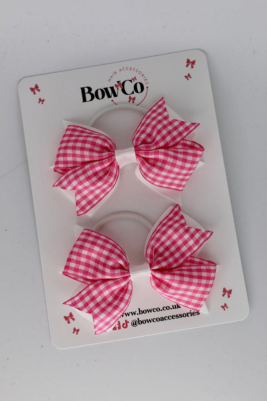 School Bow Pink Gingham Layer Tail Bow Set - Elastic