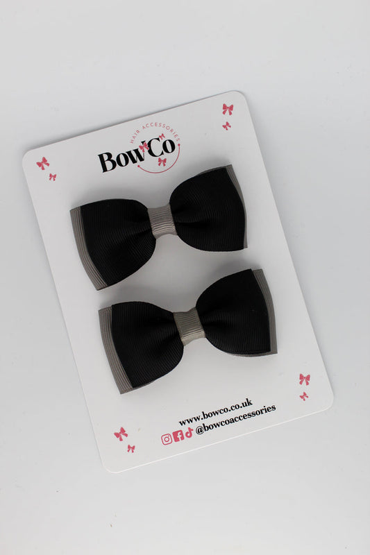 School Bows Black and Metal Grey - Double Lapel Bow Set - Clip